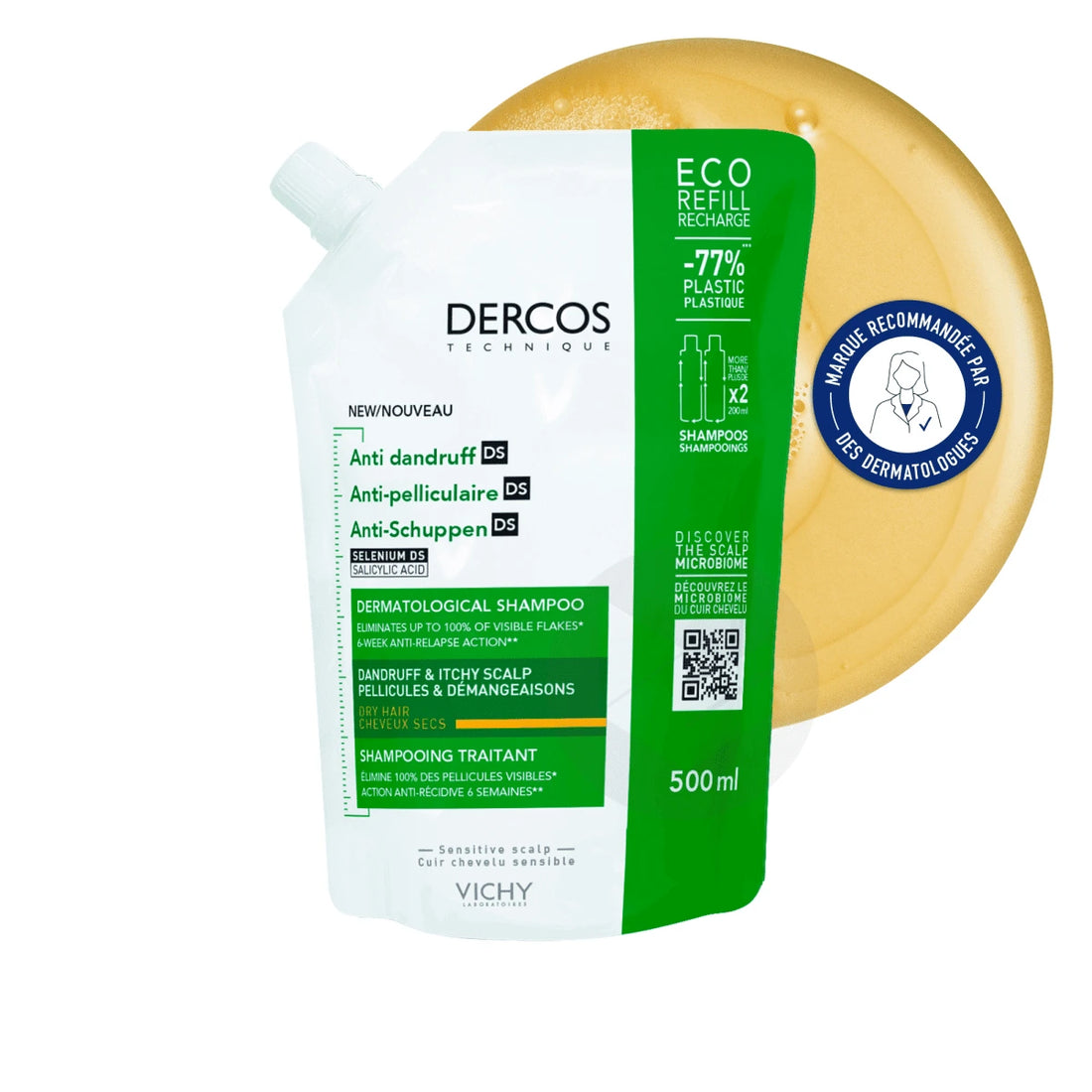 Vichy Dercos Éco-Recharge Shampooing Antipelliculaire Cheveux Secs 500ml